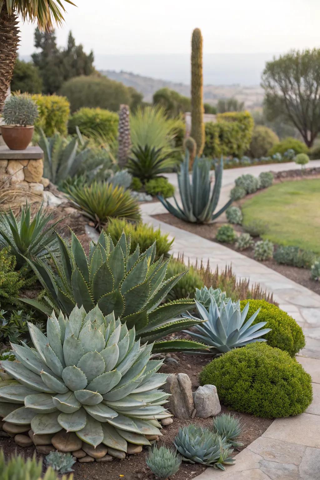 An artistic display of diverse agave species.