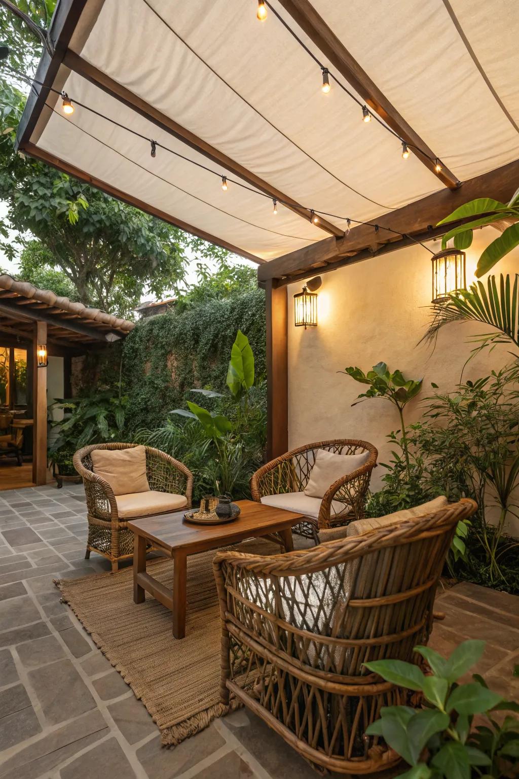 Wood and canvas awnings add warmth and blend seamlessly with nature.