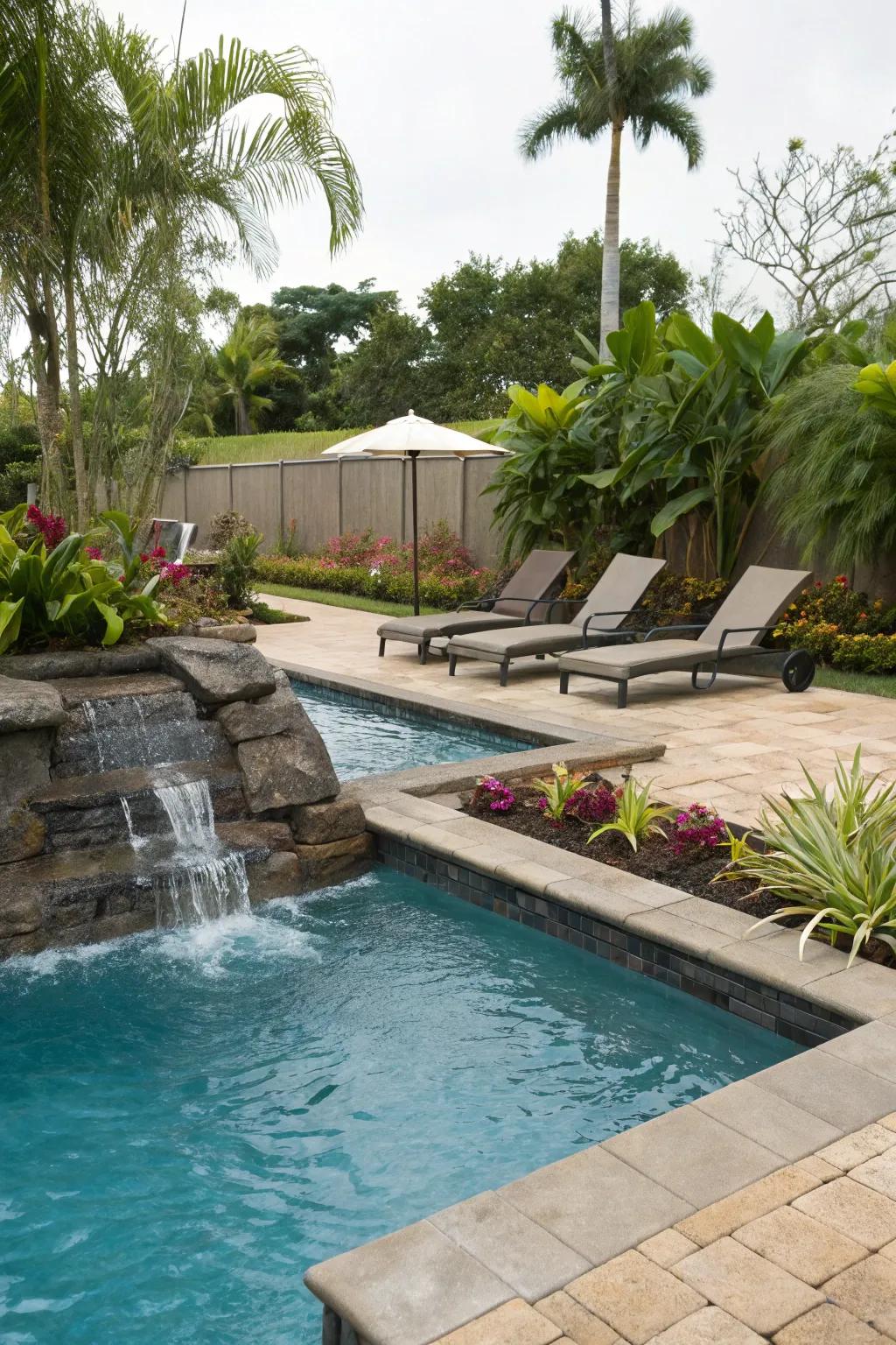 A poolside waterfall transforms your backyard into a personal resort.