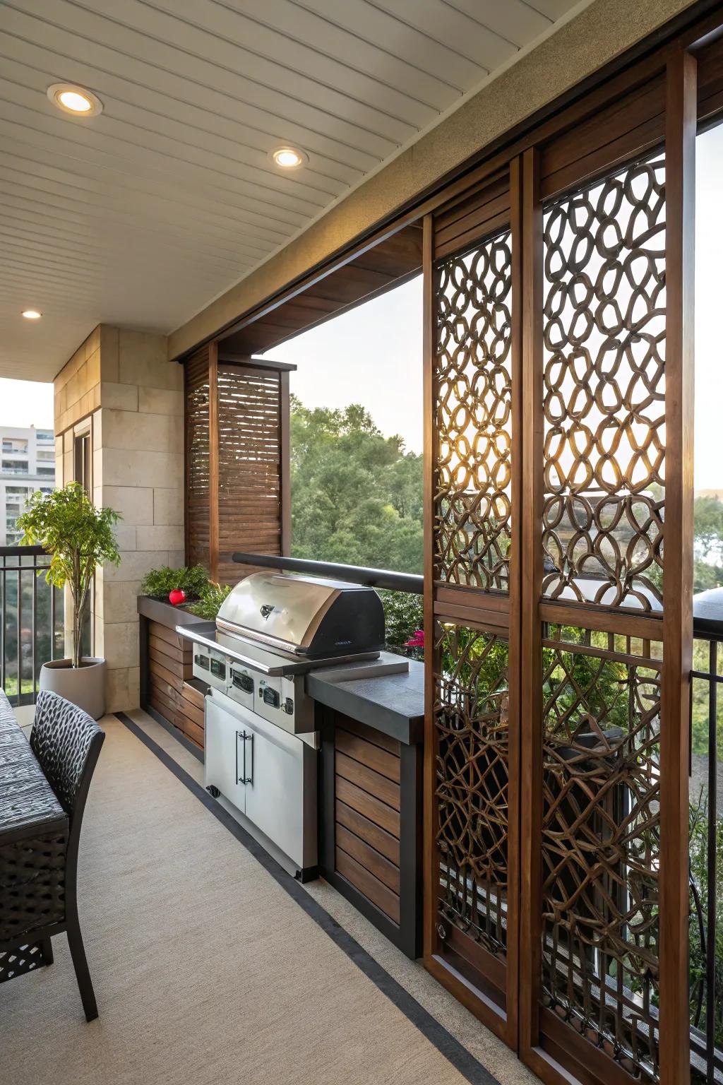 Balcony grill with privacy screens for a secluded and stylish retreat.