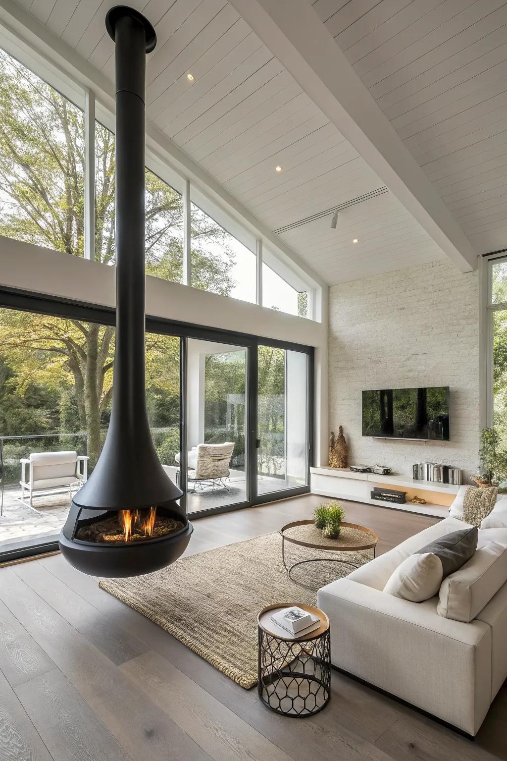 Futuristic suspended fireplace in a modern living room.