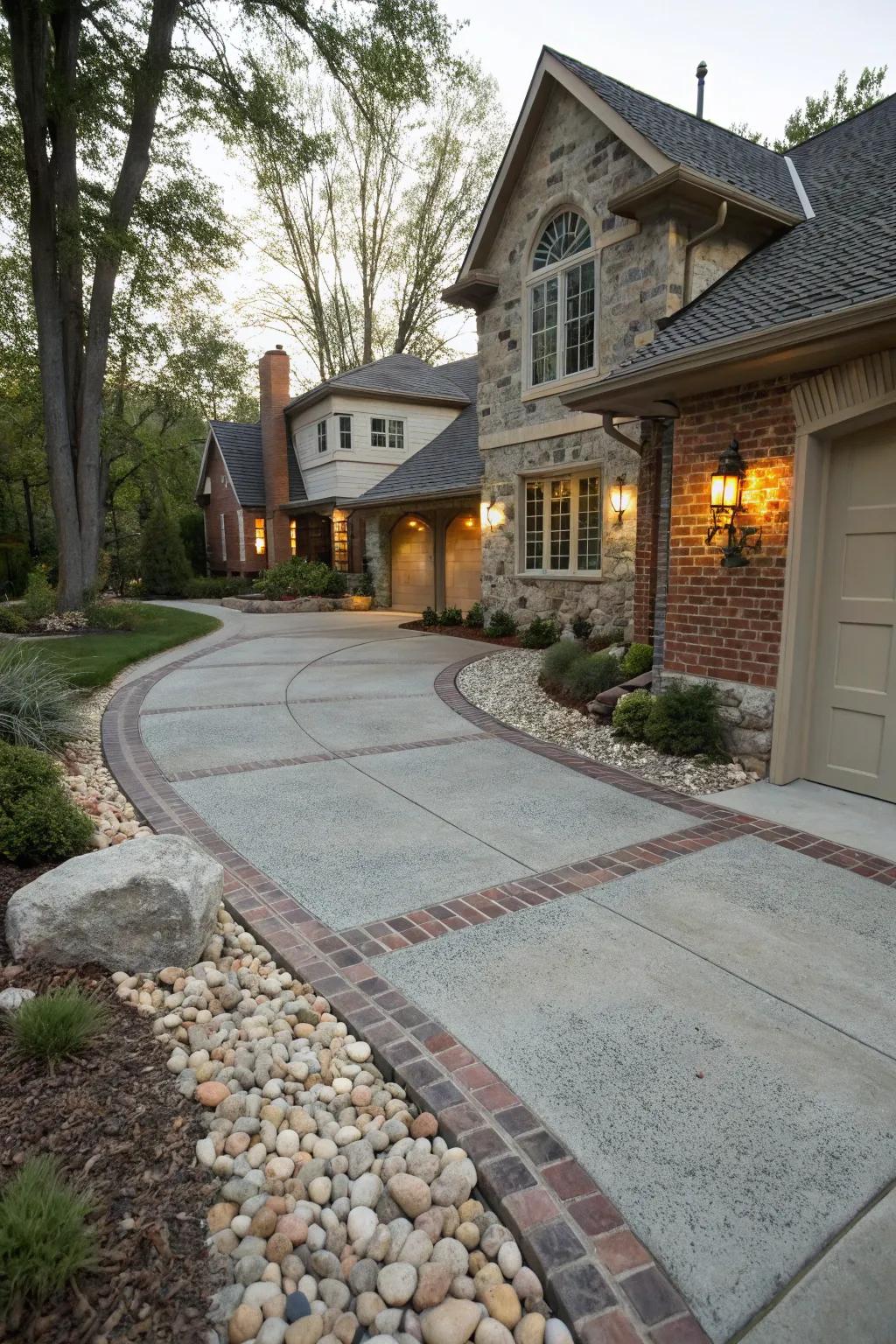 A driveway using mixed materials for a dynamic design.