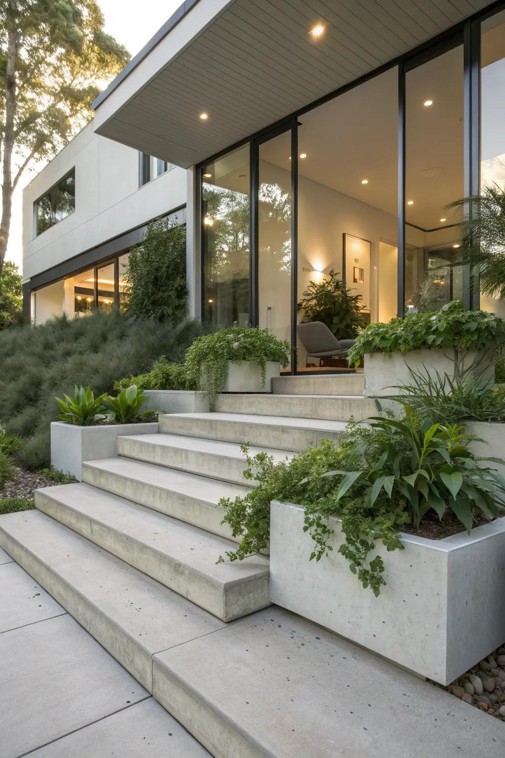 Wide concrete steps featuring decorative planters.