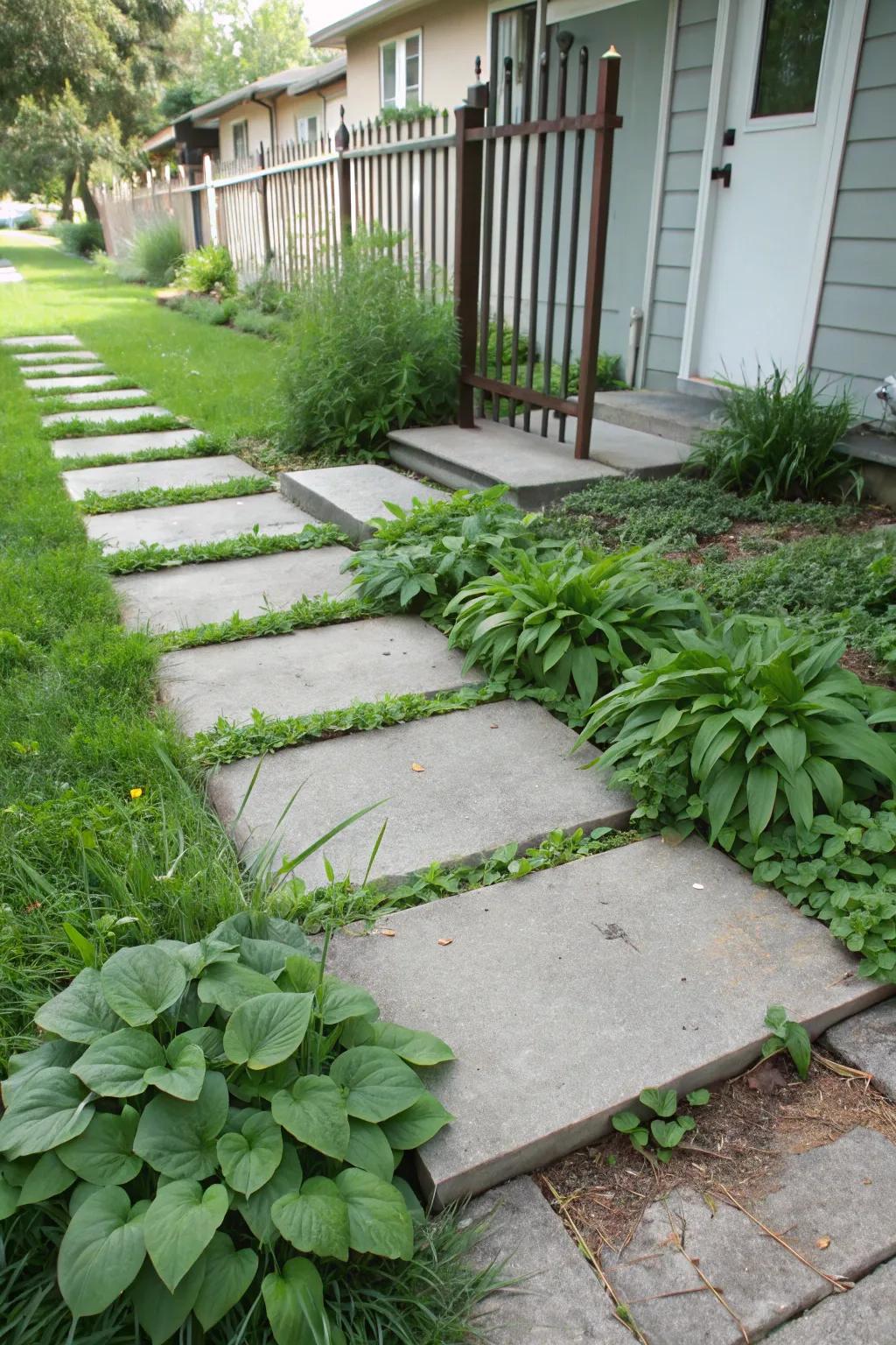 Lush plant borders soften the hard lines of concrete slabs.