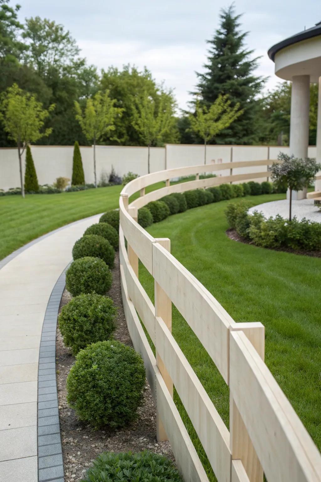A minimalist curved fence with clean lines, perfect for a subtle yet sophisticated garden design.
