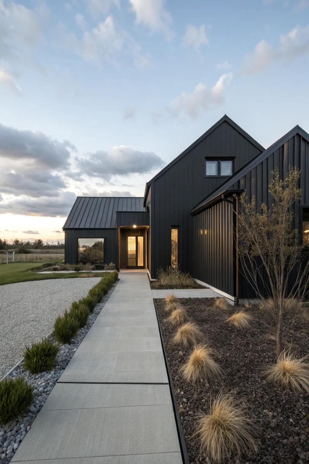 A dark home exterior complemented by a clean, minimalist landscape.