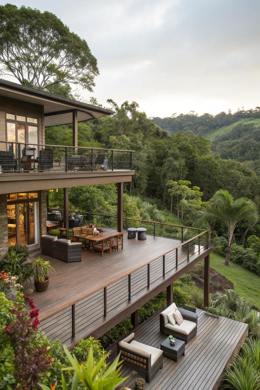 Multi-level designs create distinct zones for different activities.