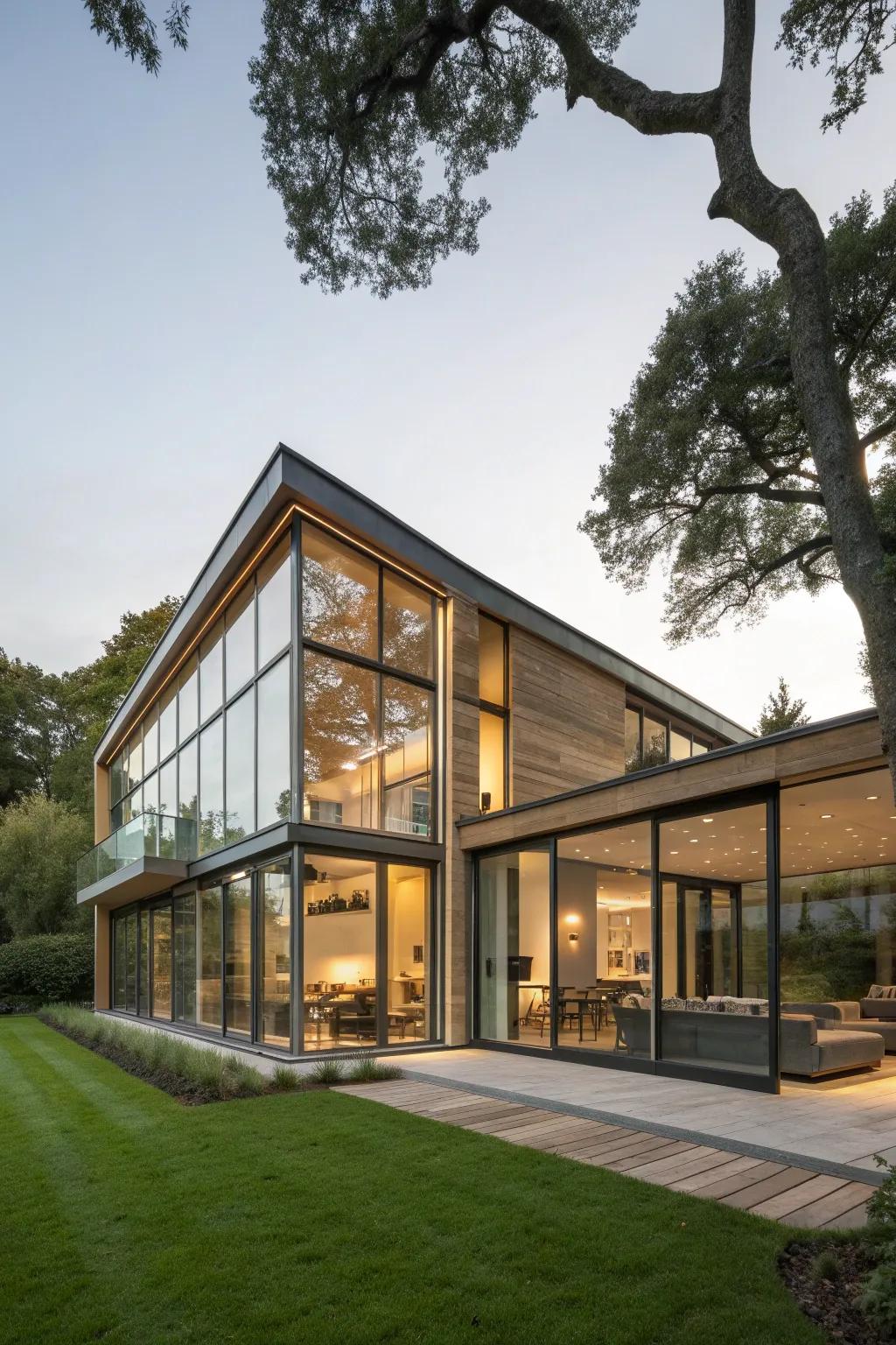 Large glass panels create seamless indoor-outdoor connectivity.