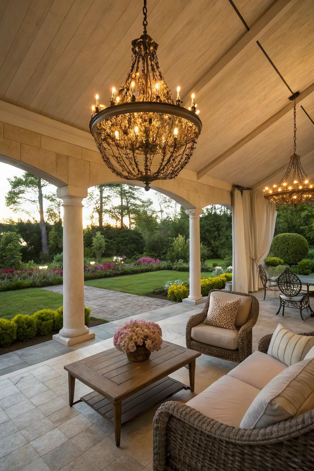 A chic outdoor chandelier enhances the cozy ambiance of this covered patio.