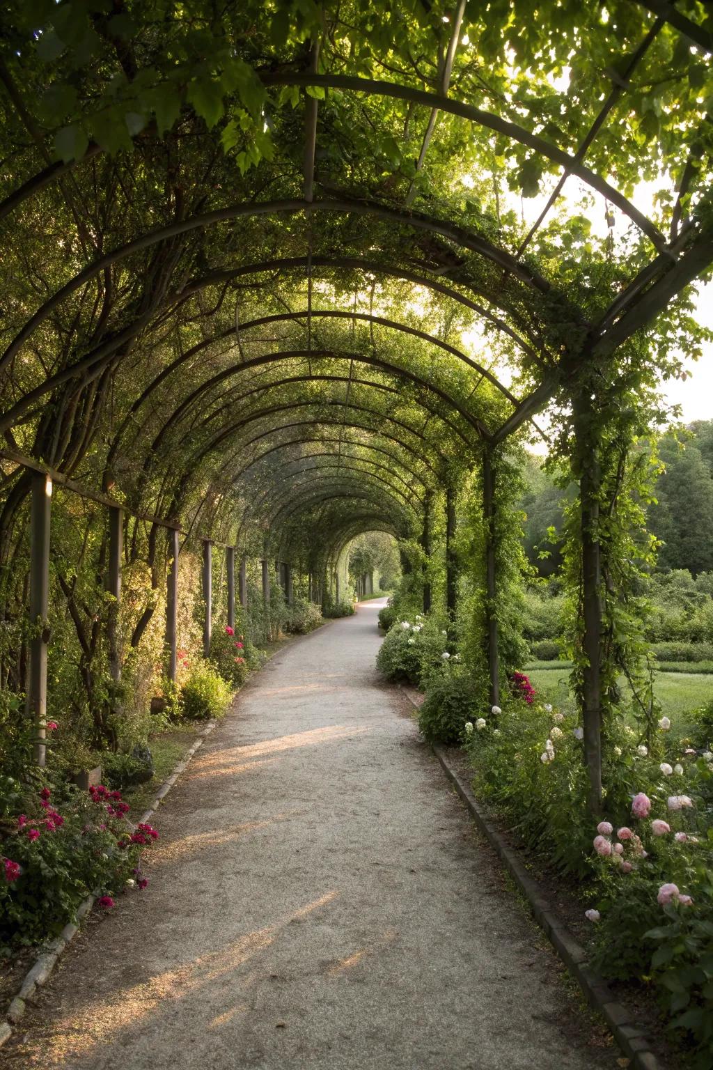 Vine-covered arches over a garden pathway