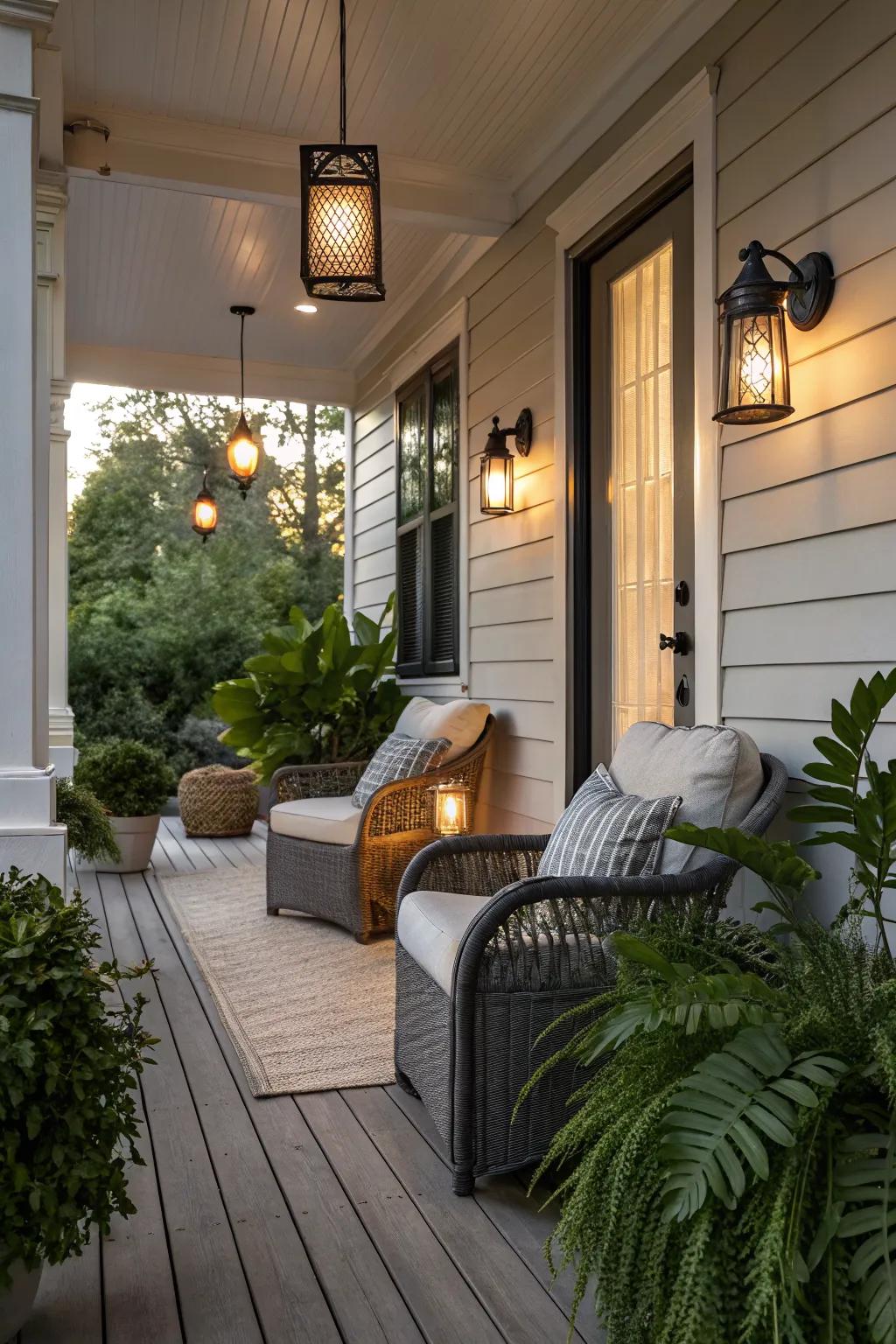 Modern lighting elevates the ambiance of this small porch.