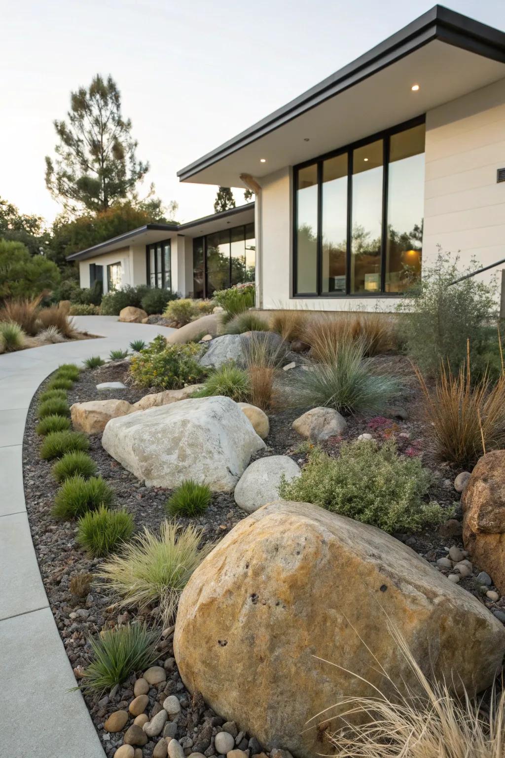 Decorative rocks serve as eye-catching focal points in a modern yard.