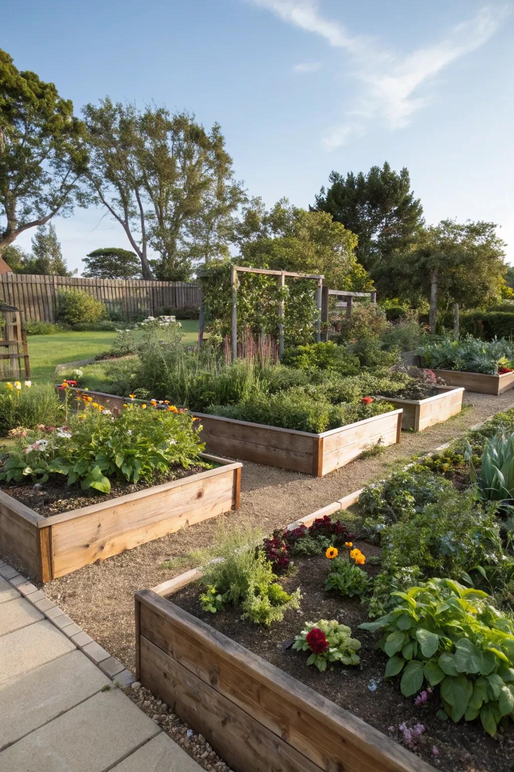 Elevated bed borders define and enhance garden spaces.