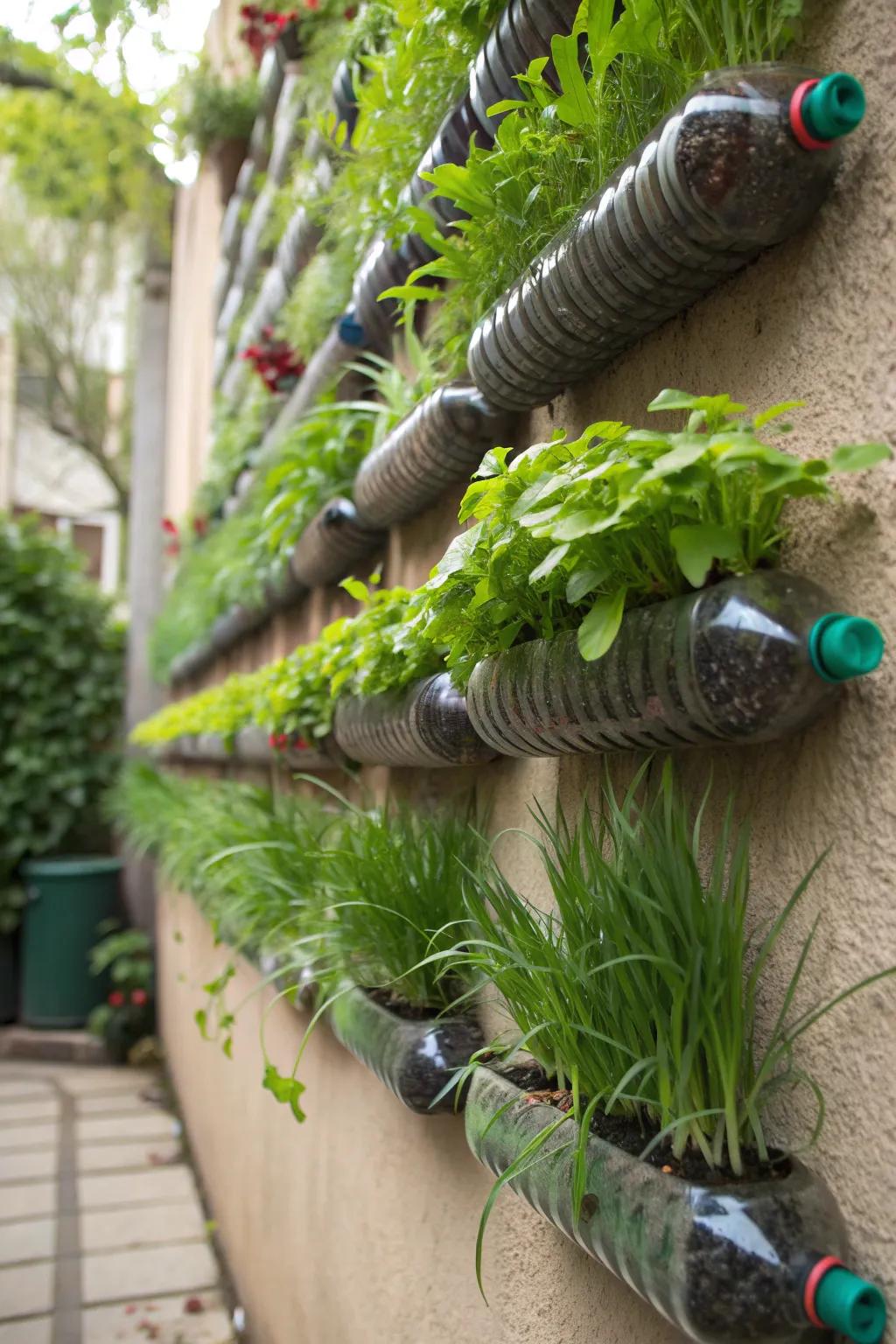 Vertical garden made from recycled plastic bottles, lush and green.