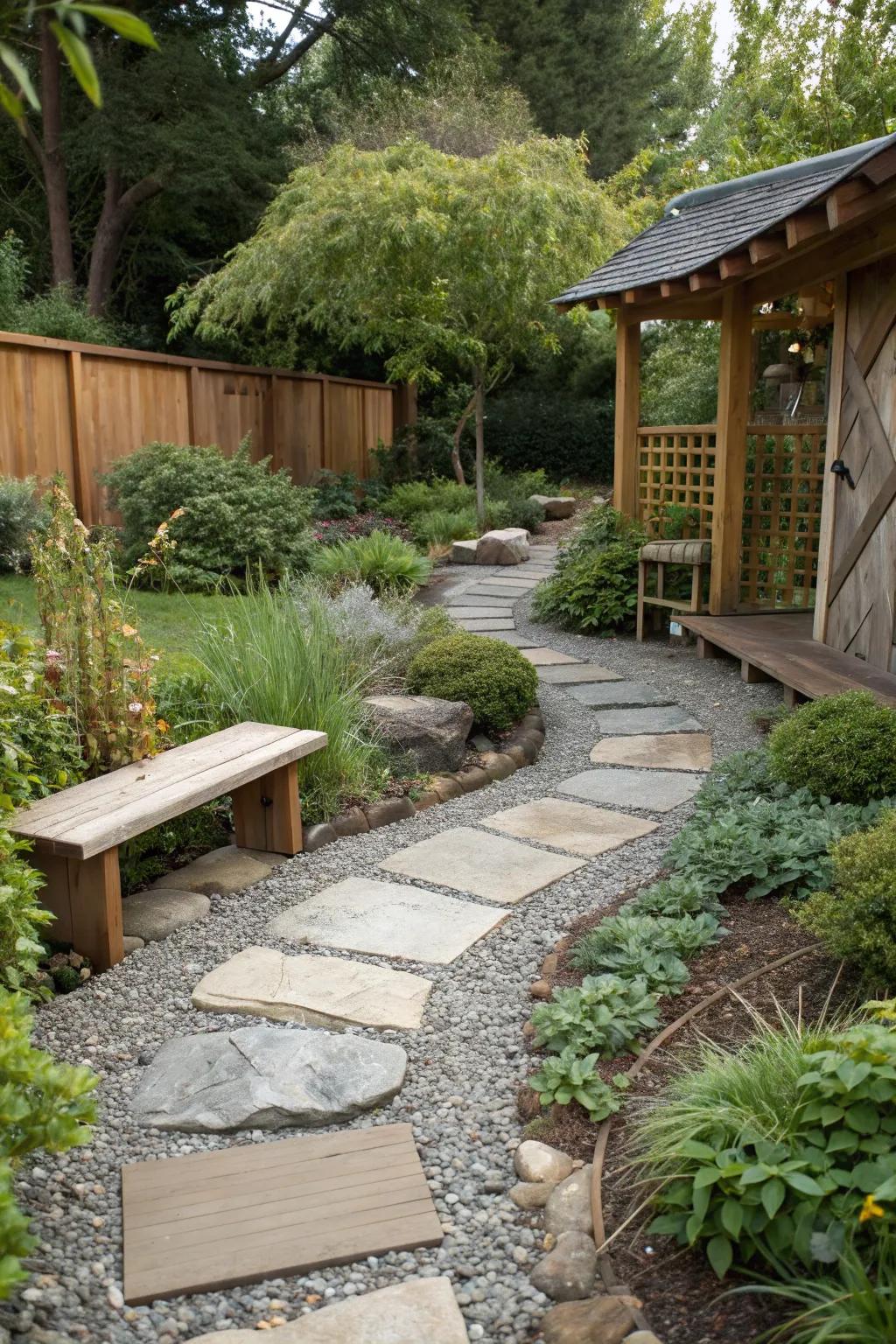 A garden showcasing a mix of stone, wood, and gravel for varied textures.