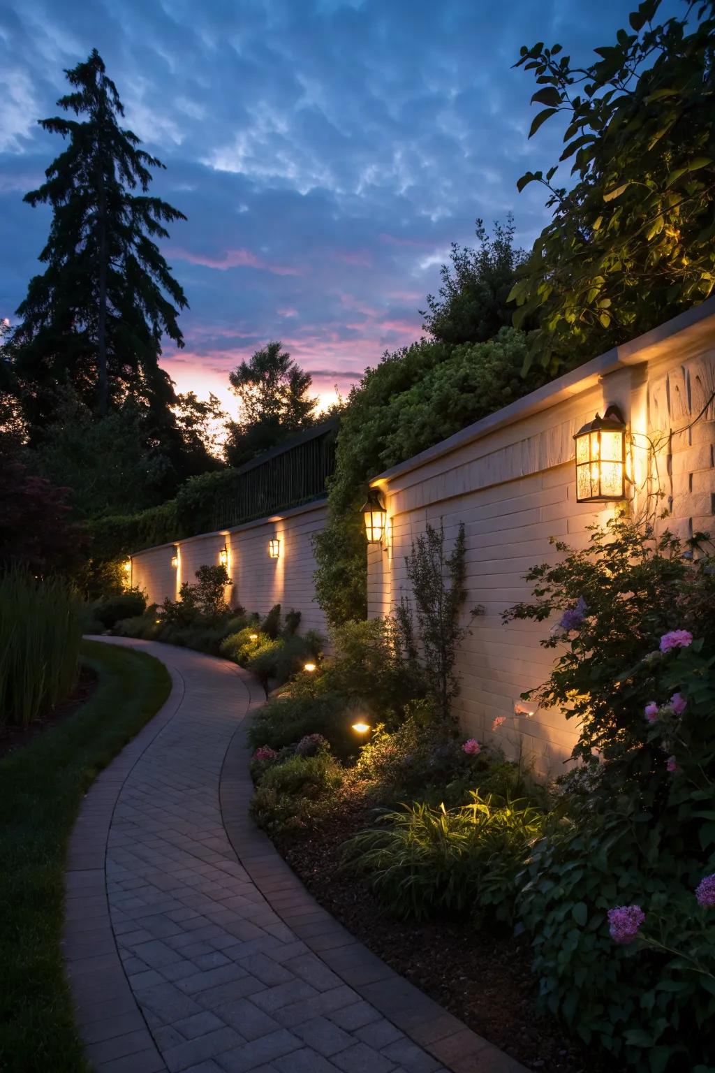 Integrated lighting highlights garden features beautifully.