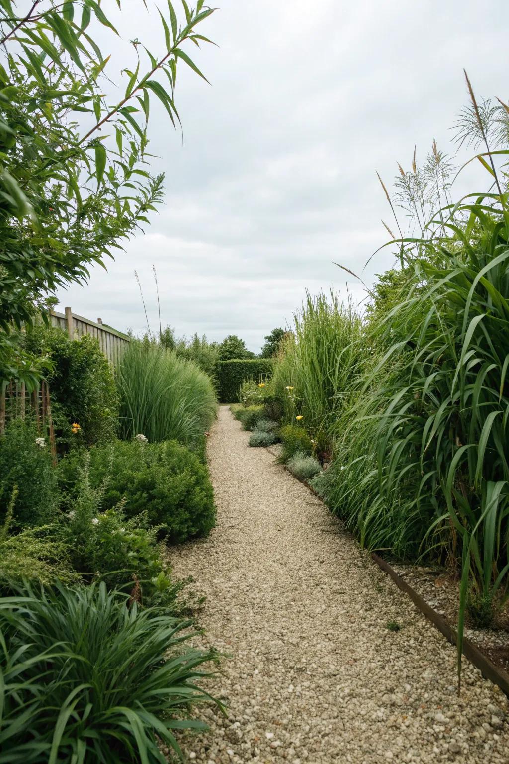 Tall plants creating a private oasis in a gravel garden.