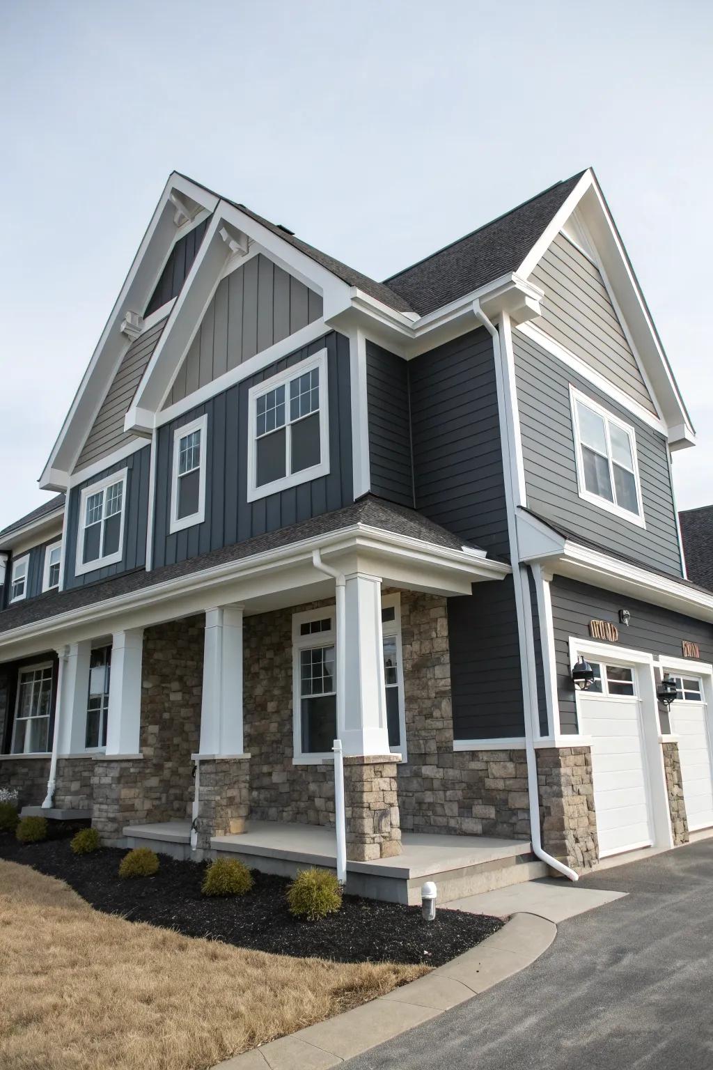 A dramatic charcoal gray exterior paired with white trim and stone accents.