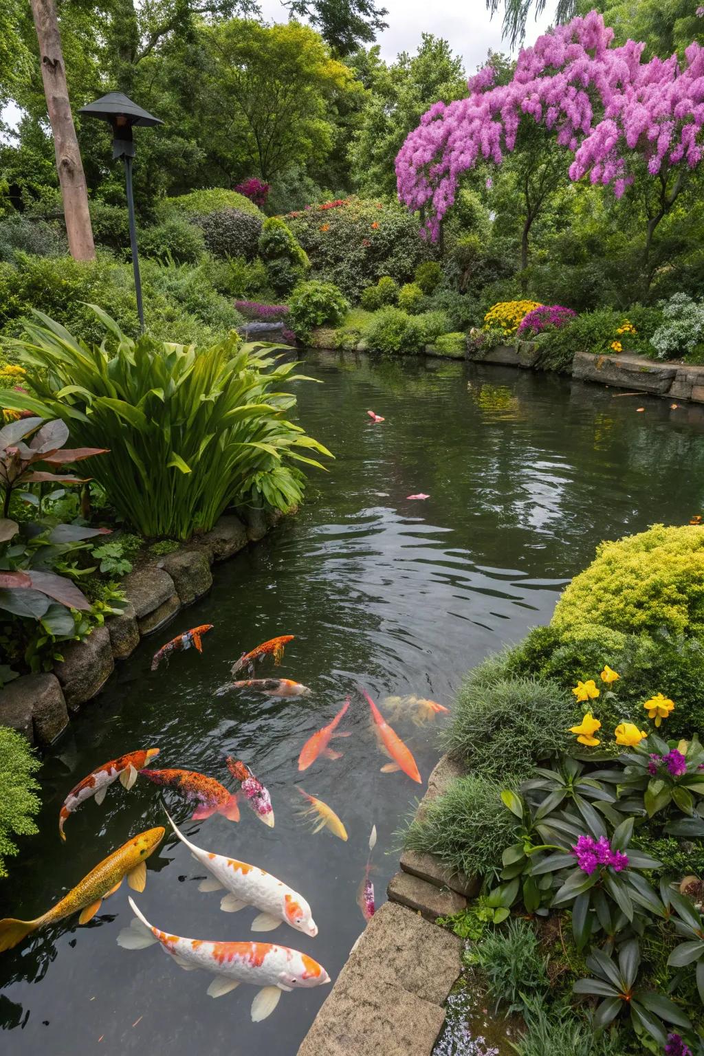 Enhance your koi pond with lush greenery for a serene retreat.