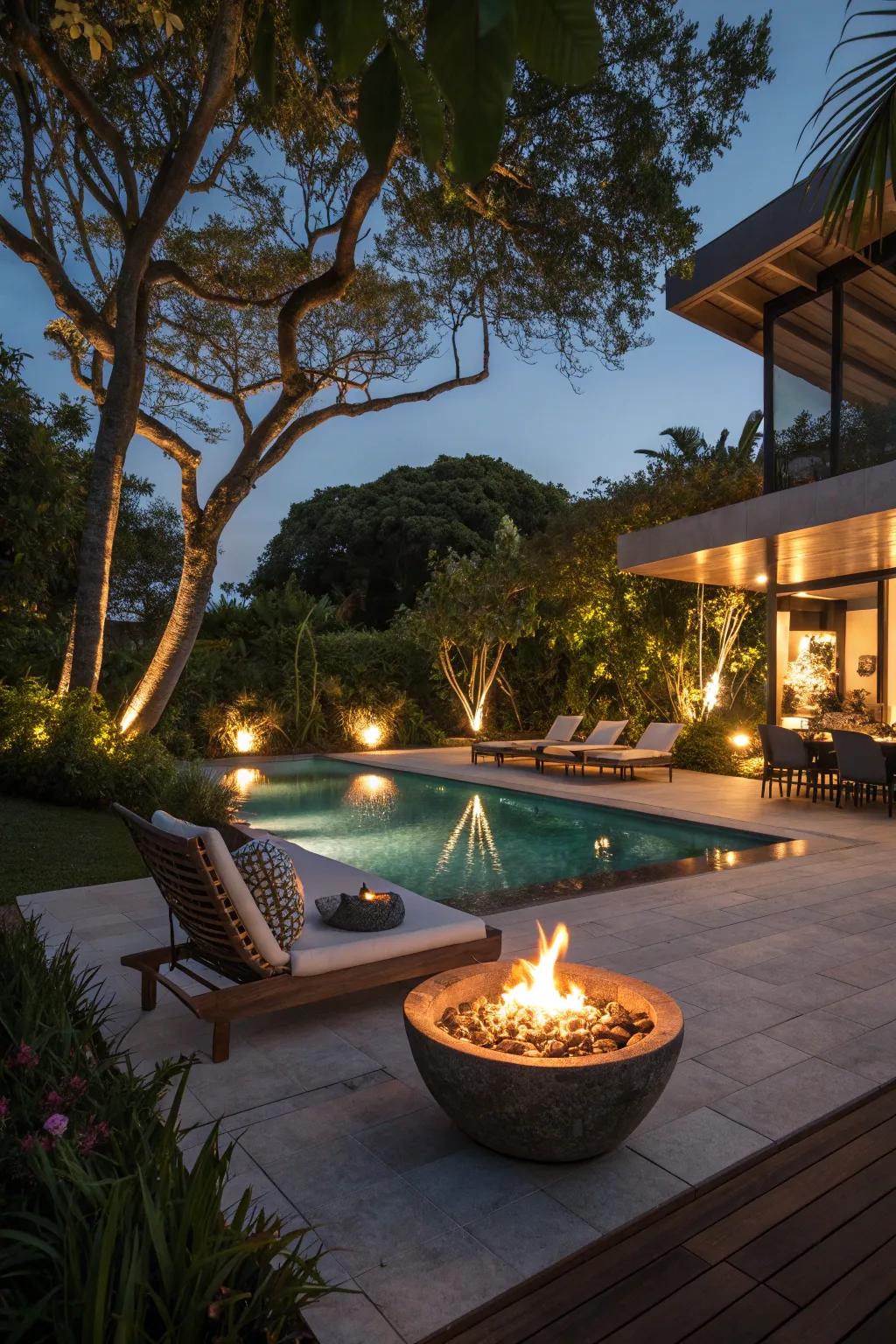 A fire pit beside the pool offers warmth and a dramatic ambiance.