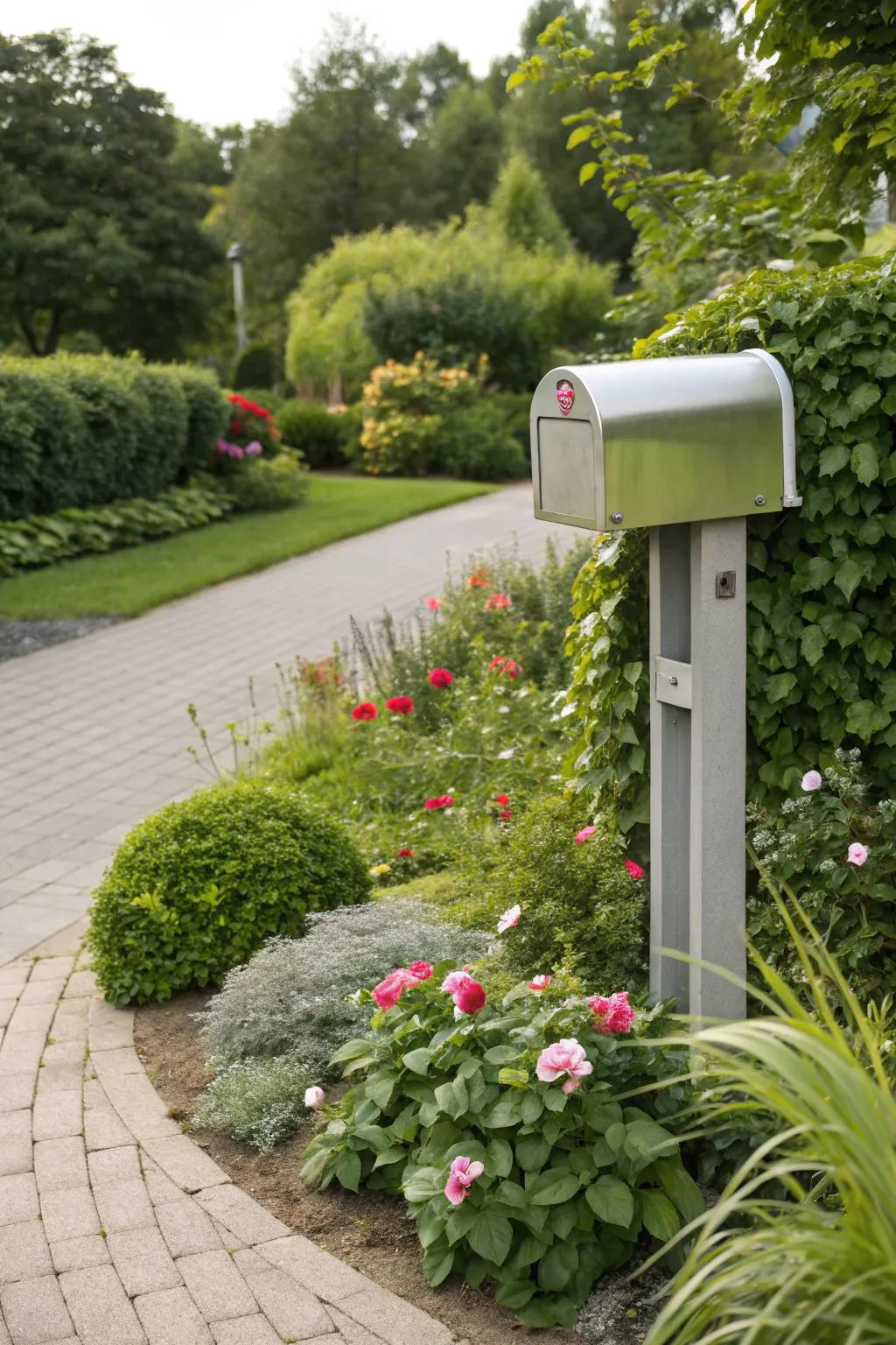 Lush greenery beautifully frames this modern mailbox post.