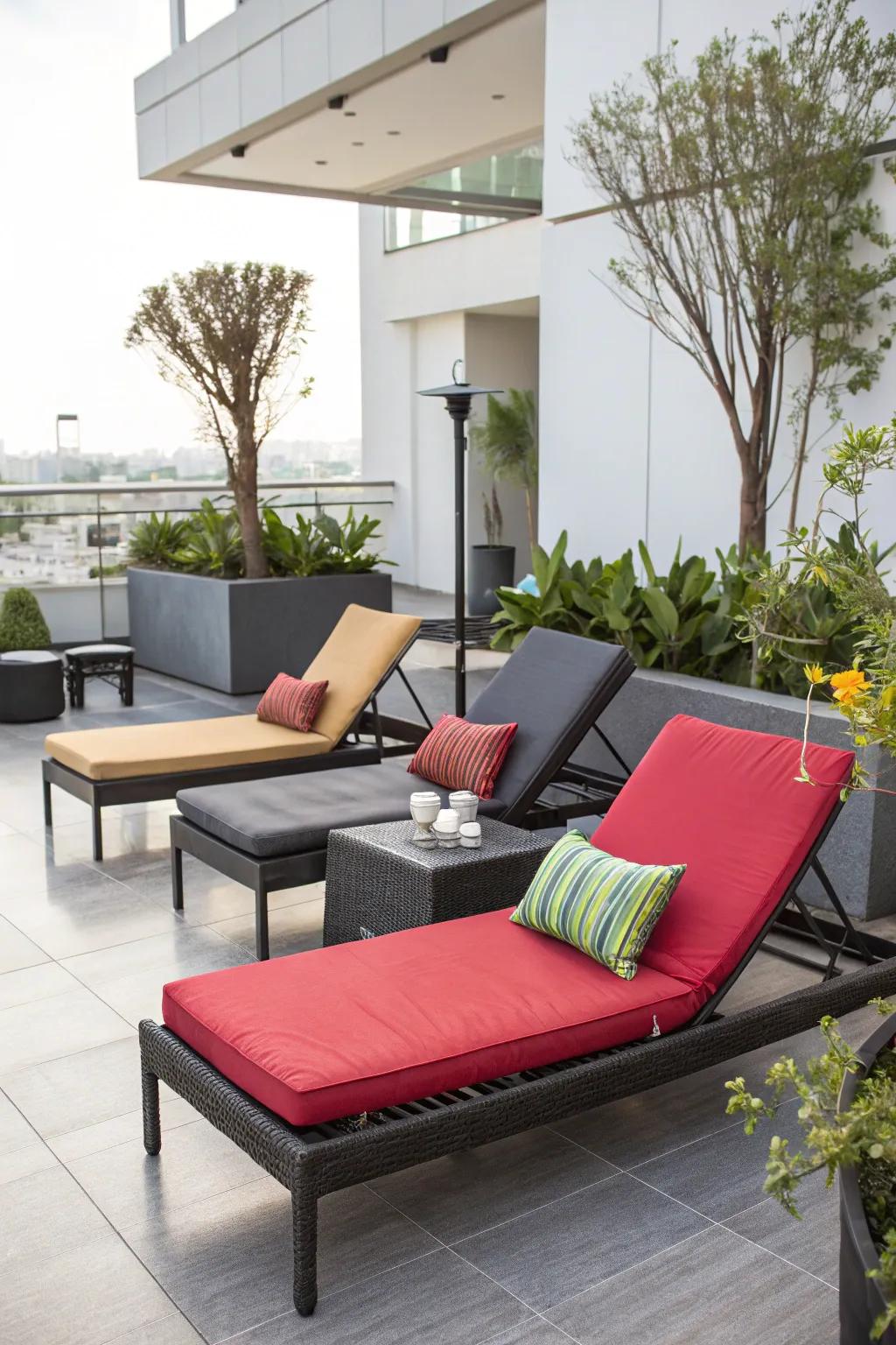 Comfortable lounge chairs on a modern patio.