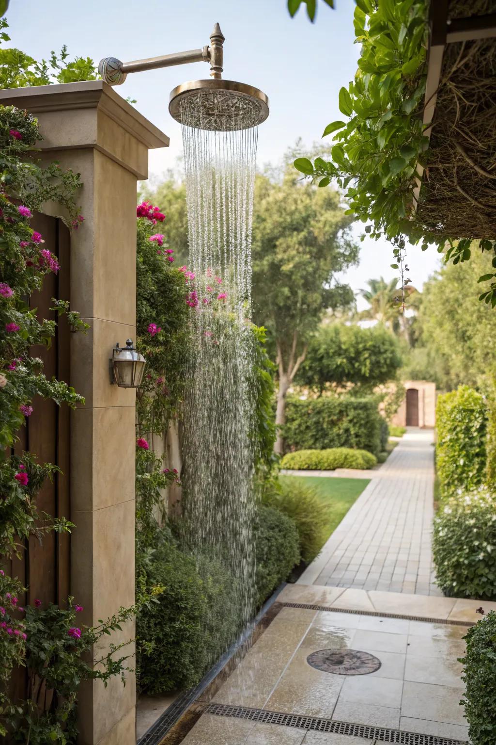 A luxurious rain shower head in an outdoor setting.