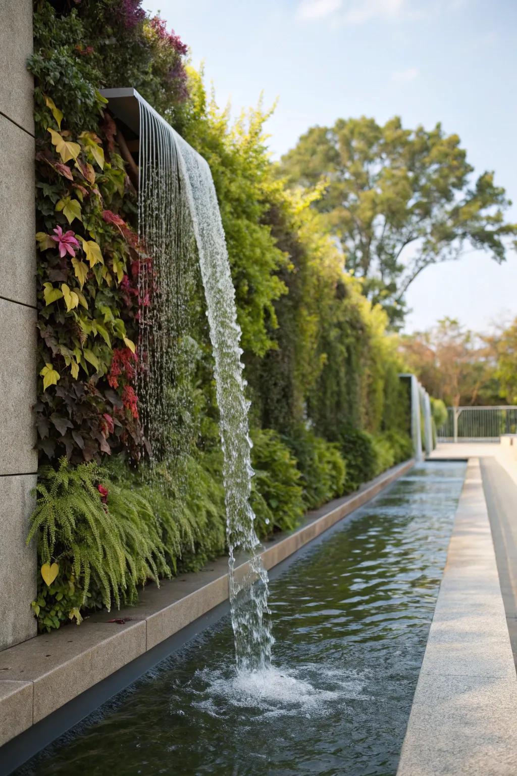 Vertical garden integrated water wall, blending nature with design.
