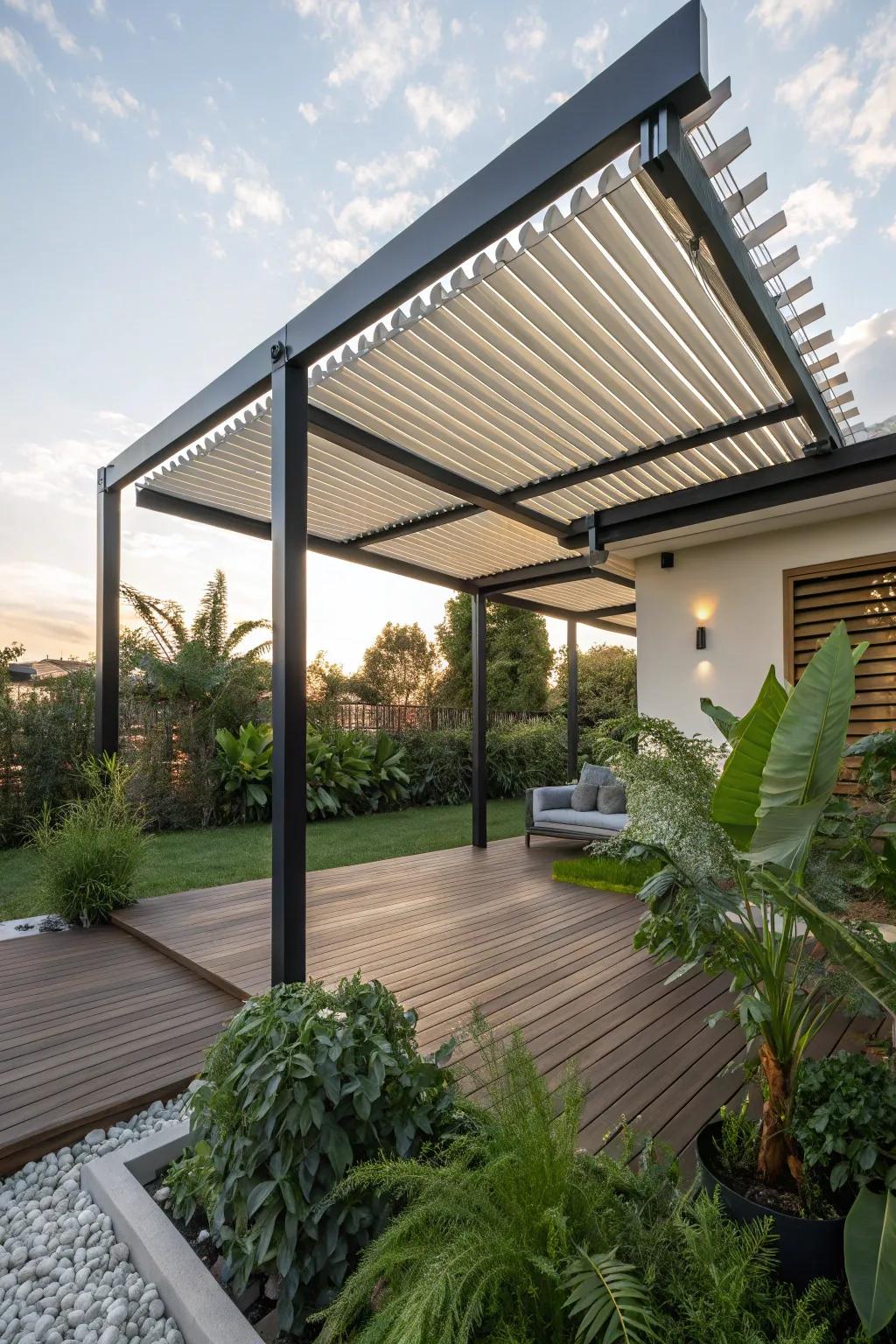 A pergola with adjustable louvers for flexible shading options.