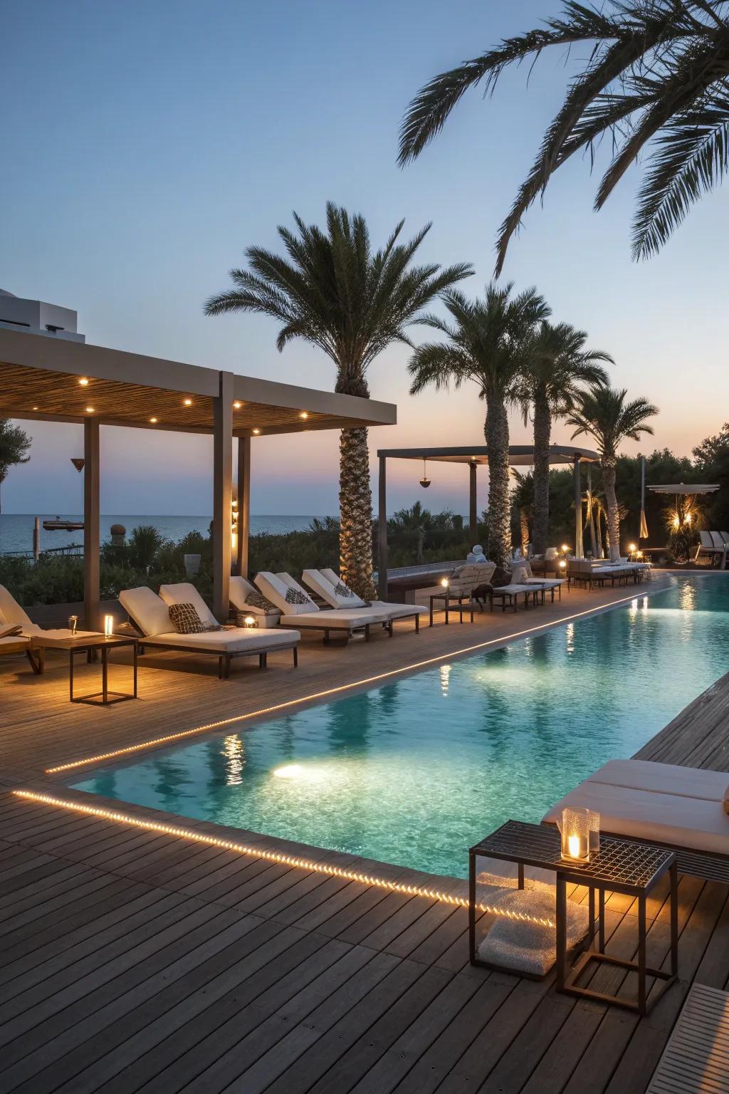 Illuminate your pool deck with stylish lighting for evening relaxation.