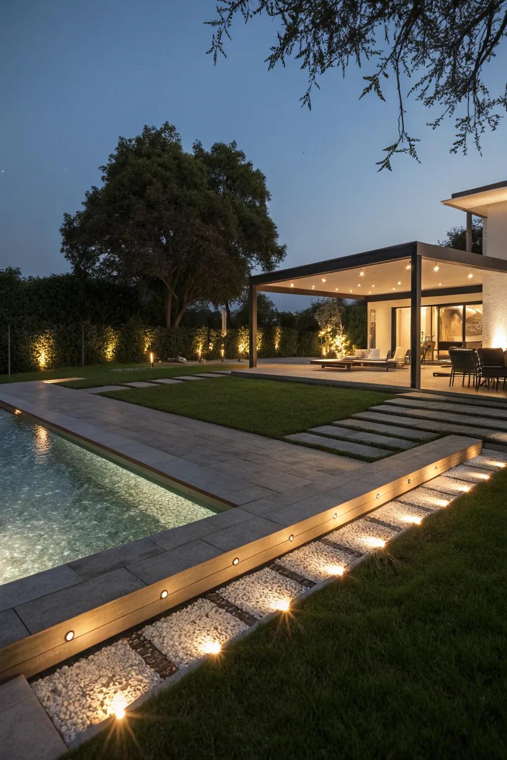 Stylish lighting creating ambiance on a modern pool patio.