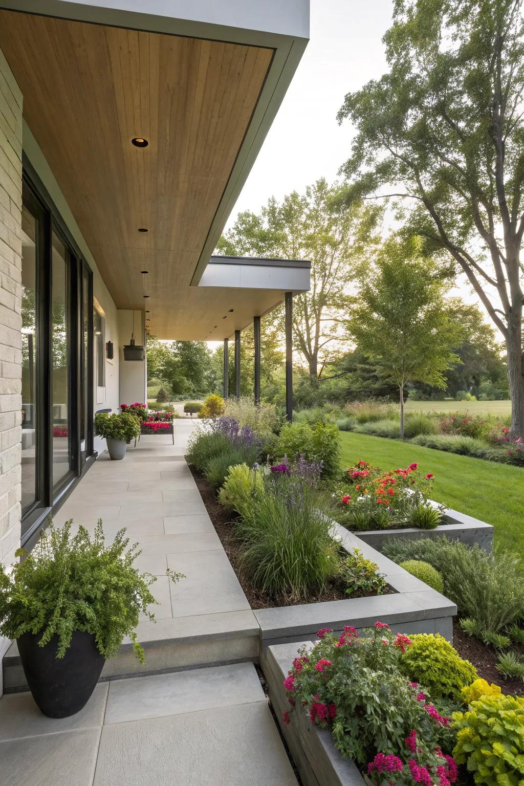 A modern porch featuring integrated landscaping.