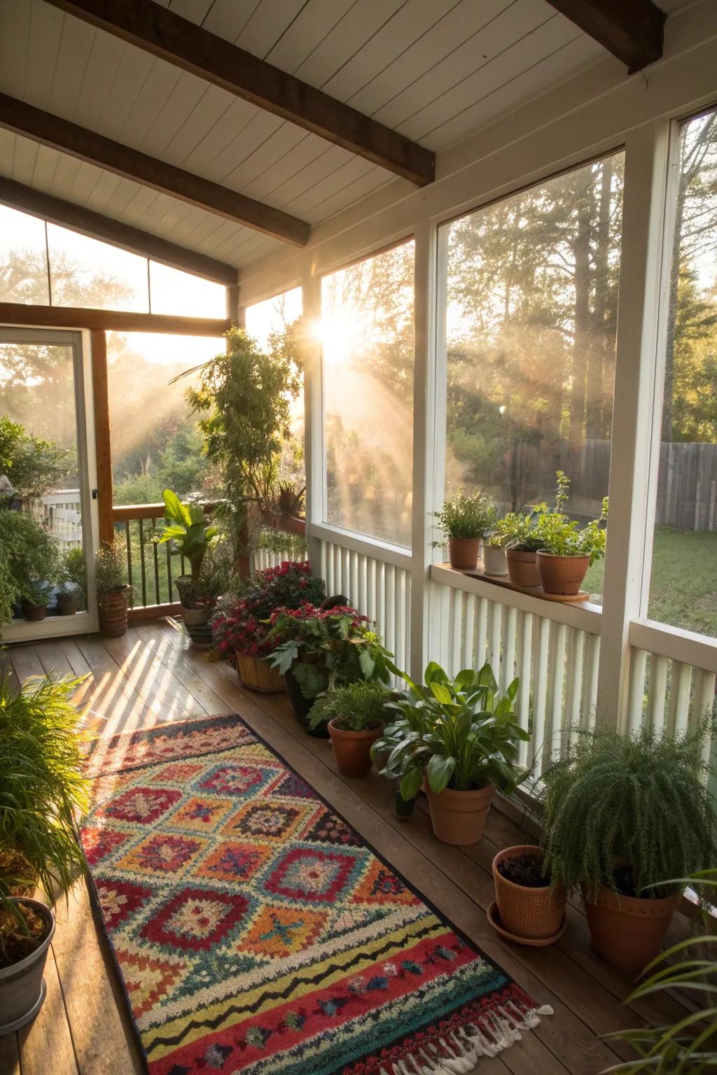 Decorative elements like plants and rugs add warmth and charm.