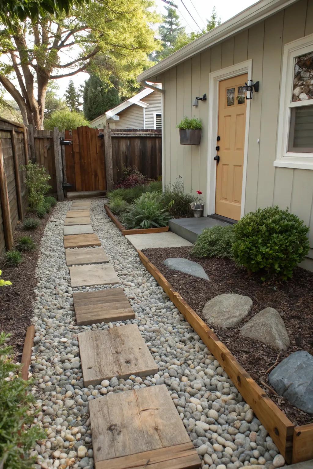 Textural contrast with gravel, stones, and wood creates visual interest.