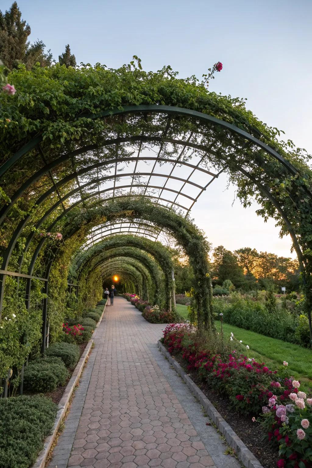 Arched trellises create romantic entryways.