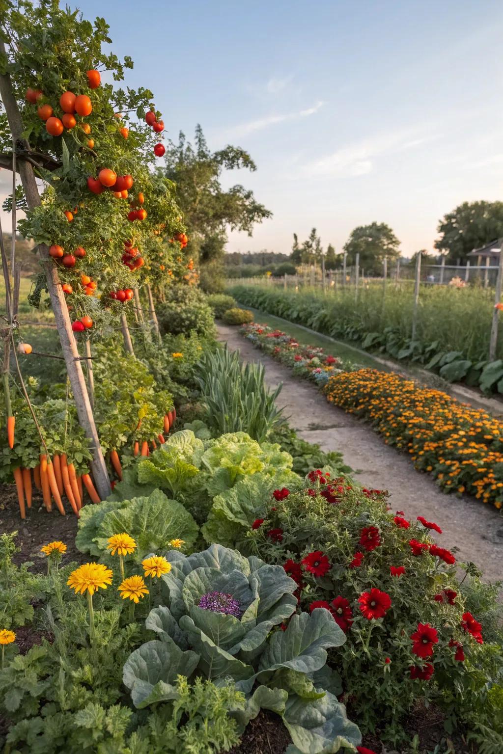 A colorful blend of vegetables and ornamental flowers.