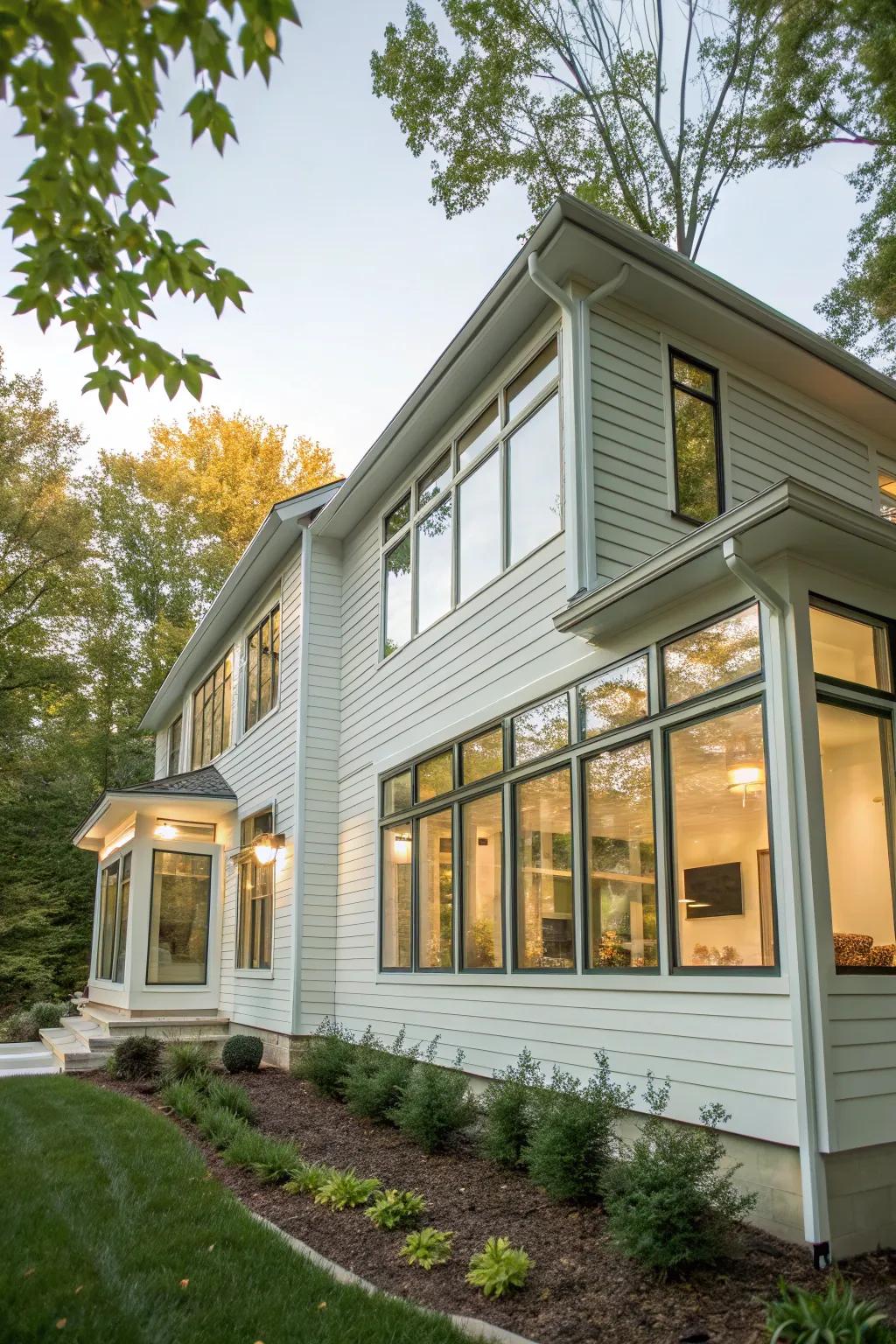 Large windows paired with vinyl siding enhance natural light and curb appeal.