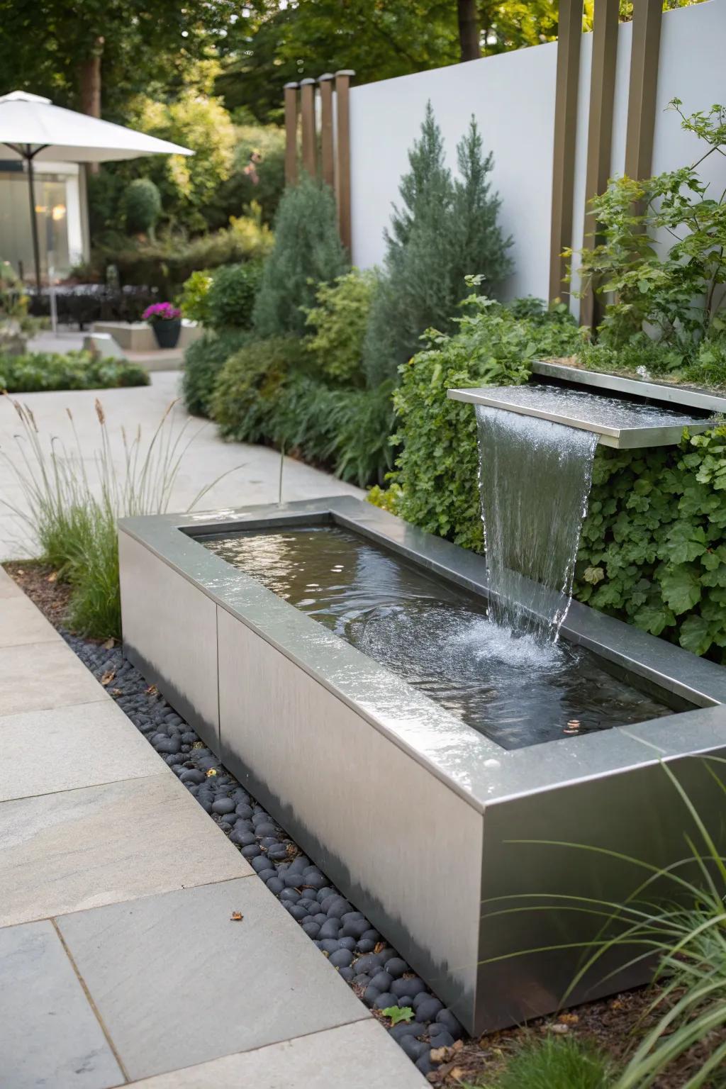 Stainless steel water art brings a modern touch.