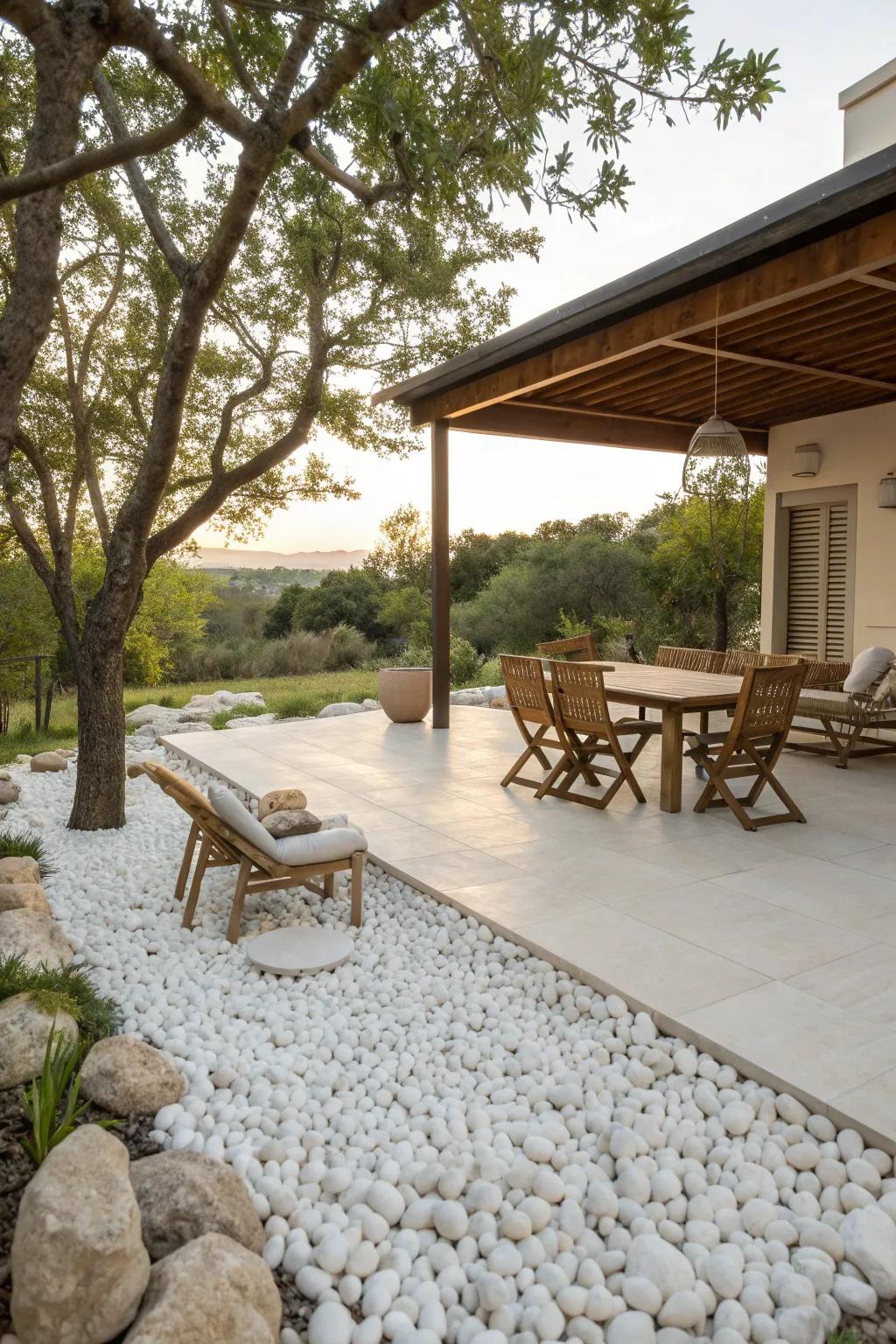 Seamlessly integrate your patio with white pebbles.