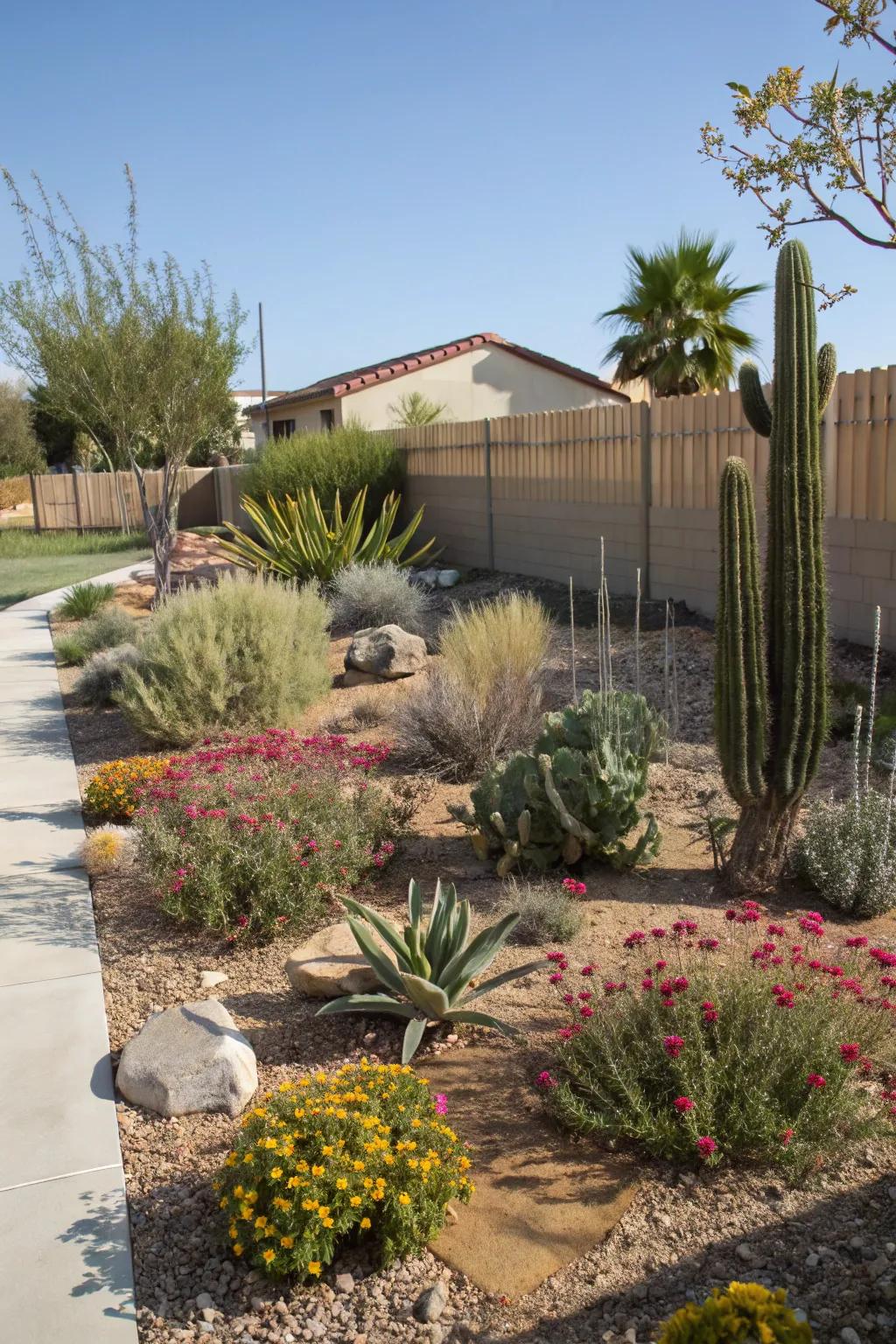 A front yard featuring native plants in a xeriscape design.