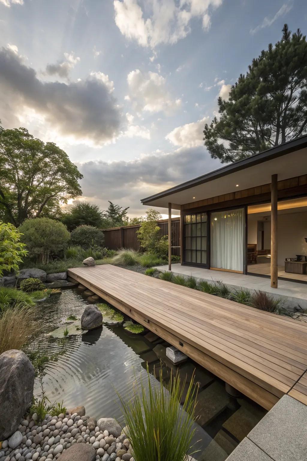 A wooden deck offers a peaceful retreat in a Zen garden.