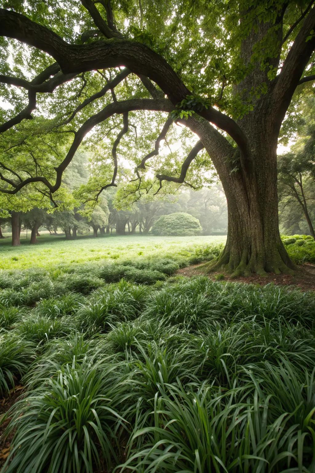 Lush mondo grass fills the space beneath a tree, creating a vibrant understory.