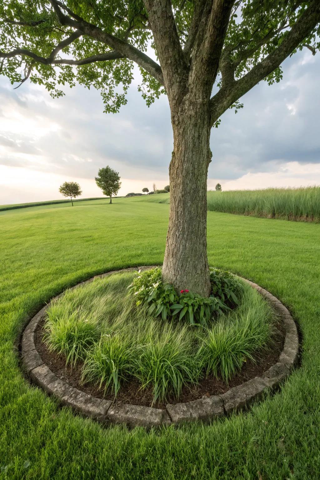 Highlight trees with monkey grass islands.