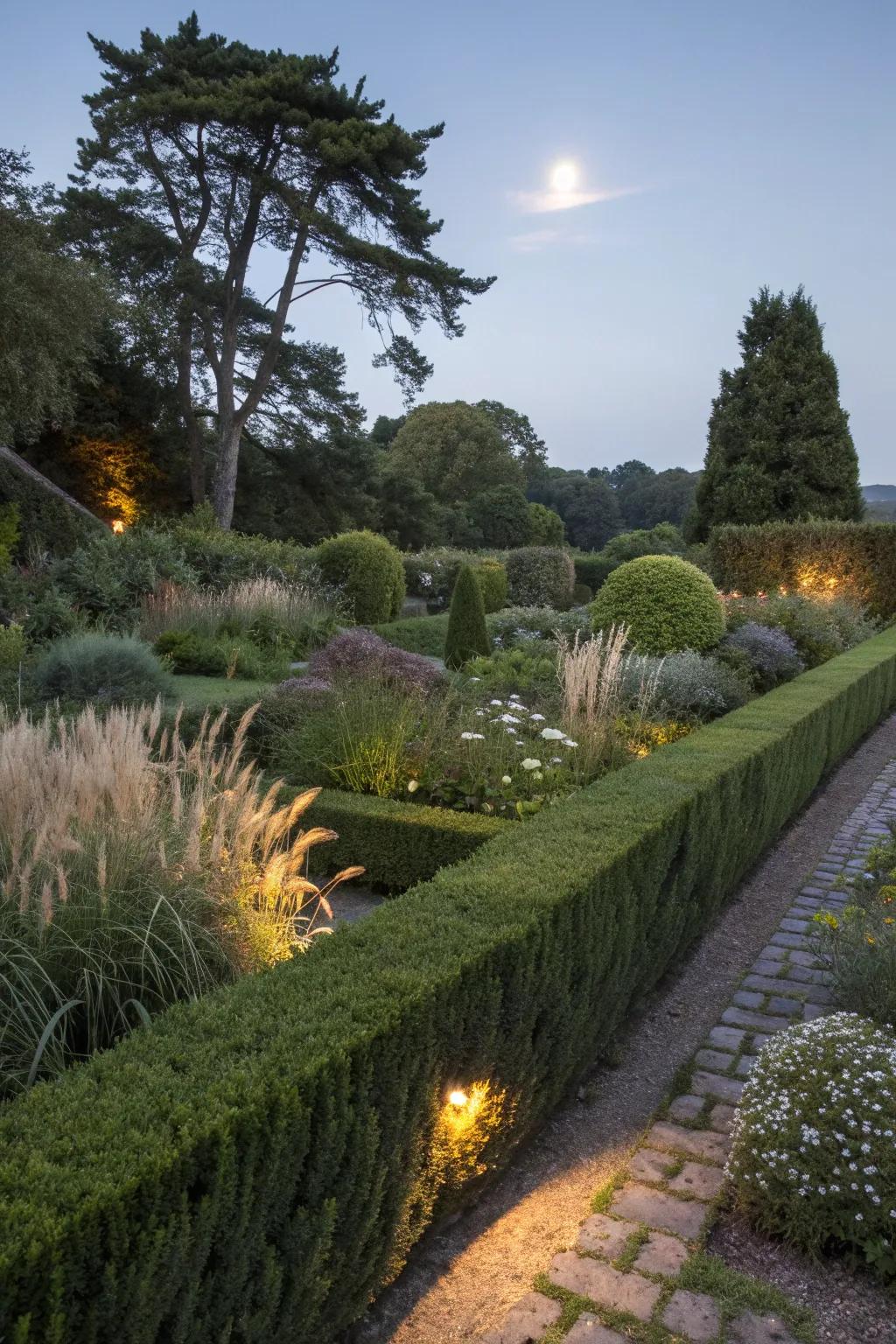 A harmonious blend of formal and natural elements in moonlight.