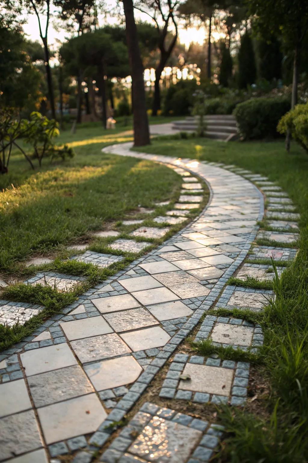 A modern mosaic pathway featuring glass tiles and grass patches, creating a striking contrast.