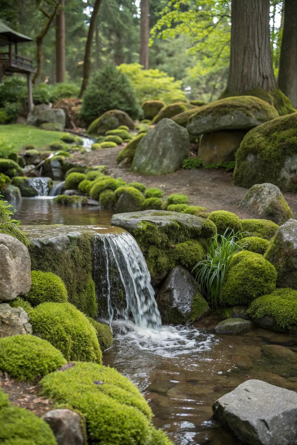 A small garden waterfall enveloped by lush moss and stones, offering a peaceful retreat.