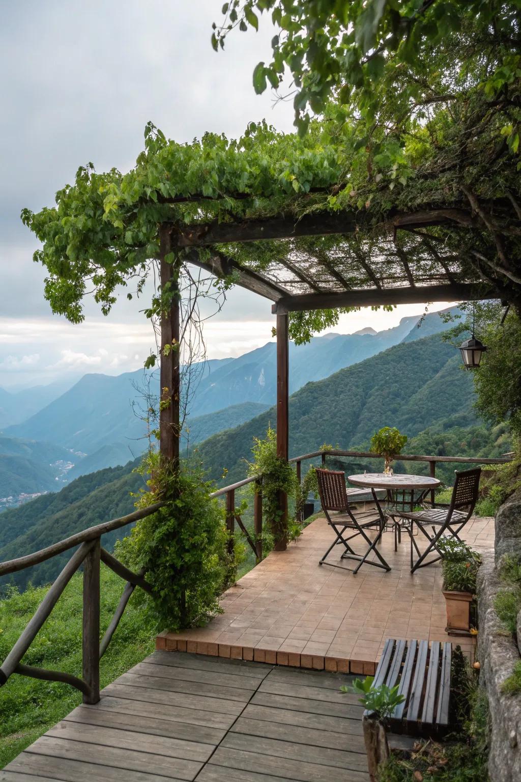 A mountain deck with a pergola offering a shaded retreat.