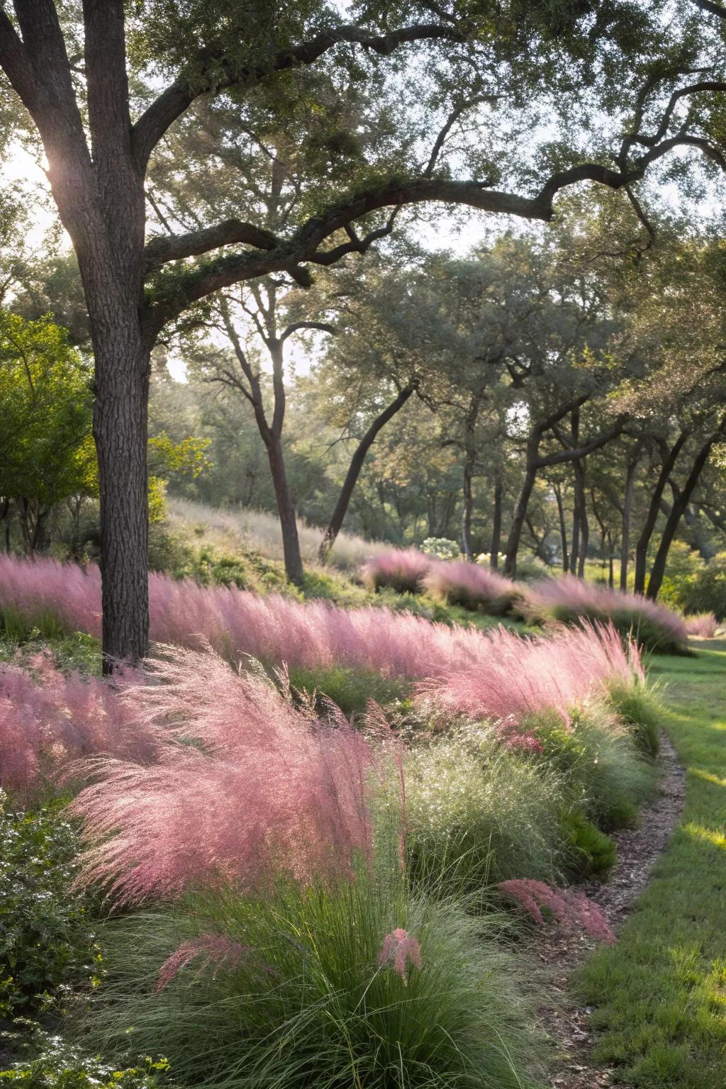 Muhly grass brings lightness to a shaded woodland garden.