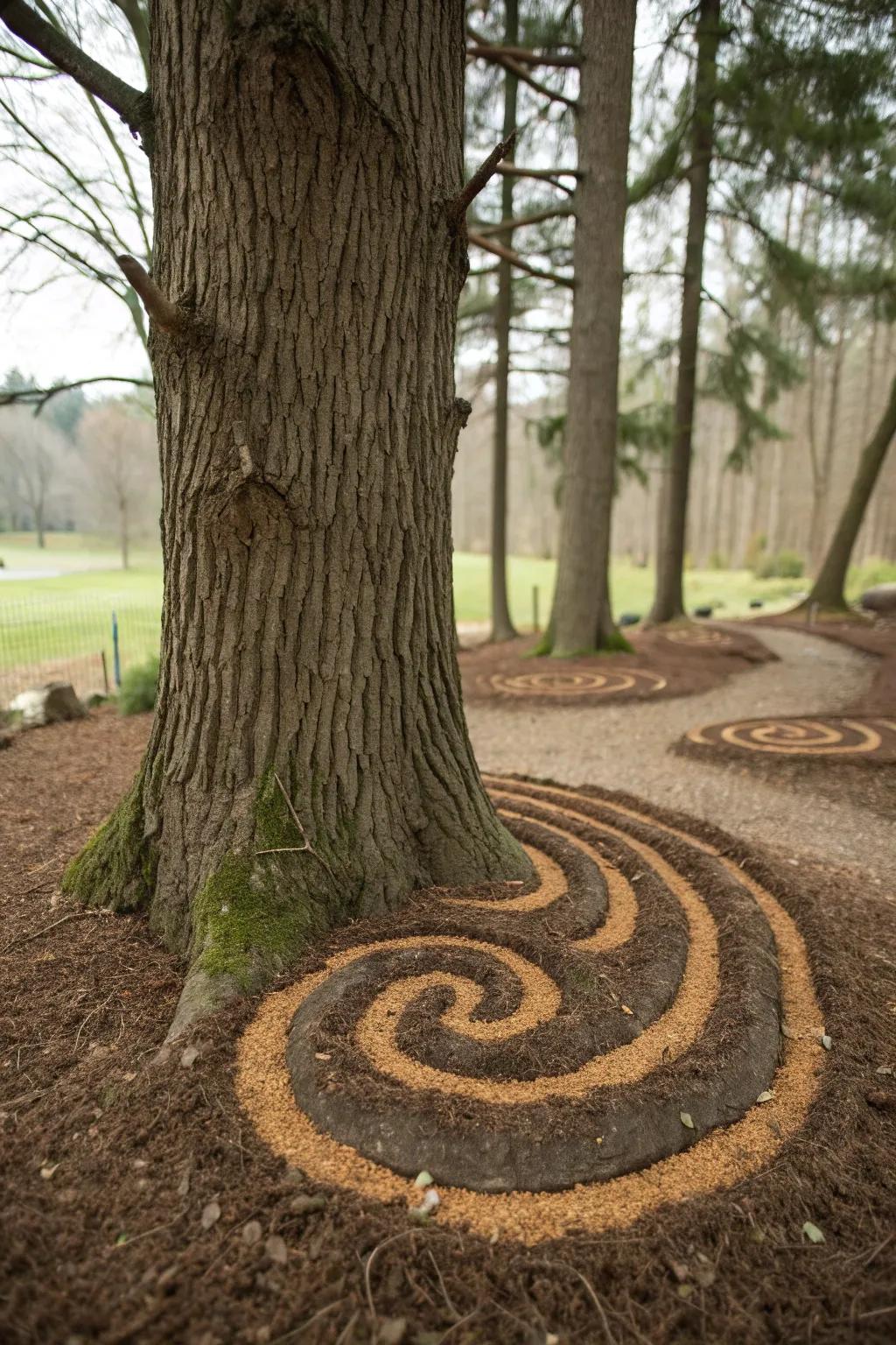 A spiral mulch design adds a whimsical touch to your garden.