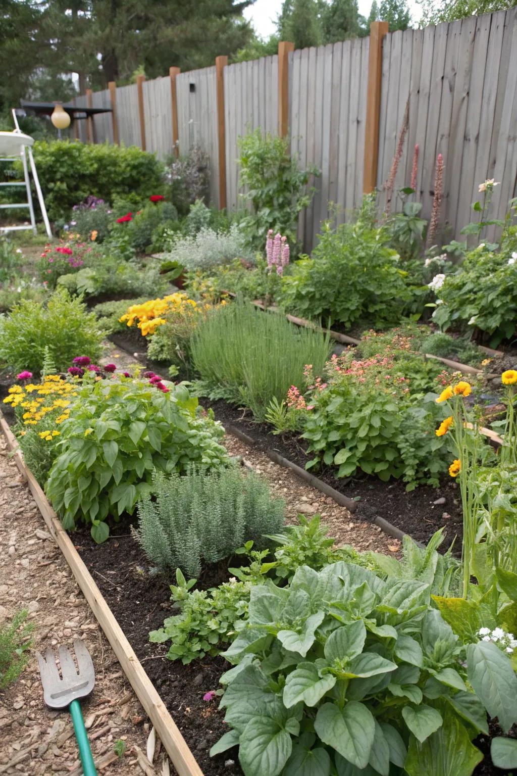 A variety of plants flourishing in a thoughtfully mulched landscape.